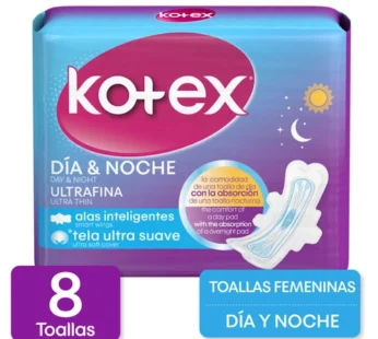 Toallas Femeninas Kotex Dia y Noche Nocturna Con Alas 8 Unidades